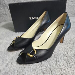 VTG‎ Rangoni Firenze Black Italian Leather Peep Toe Pearl Buckle Heels  7 B NEW